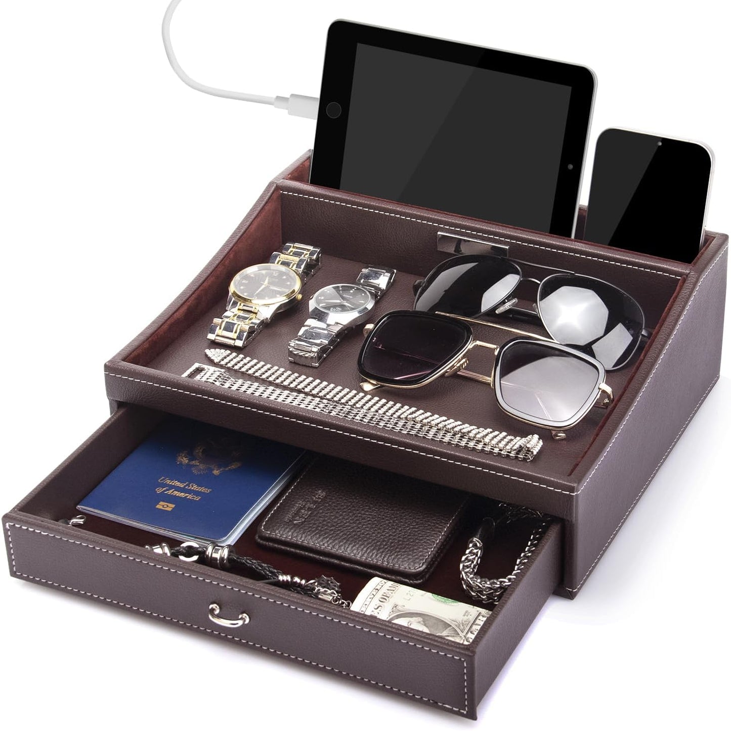 Baoyun Gifts for Dad Mens Nightstand Organizer, Jewelry Box for Men, Mens Dresser Organizer Countertop, Large Capacity Leather Valet Tray for Phones Pad Wallet Key Christmas Gifts for Men