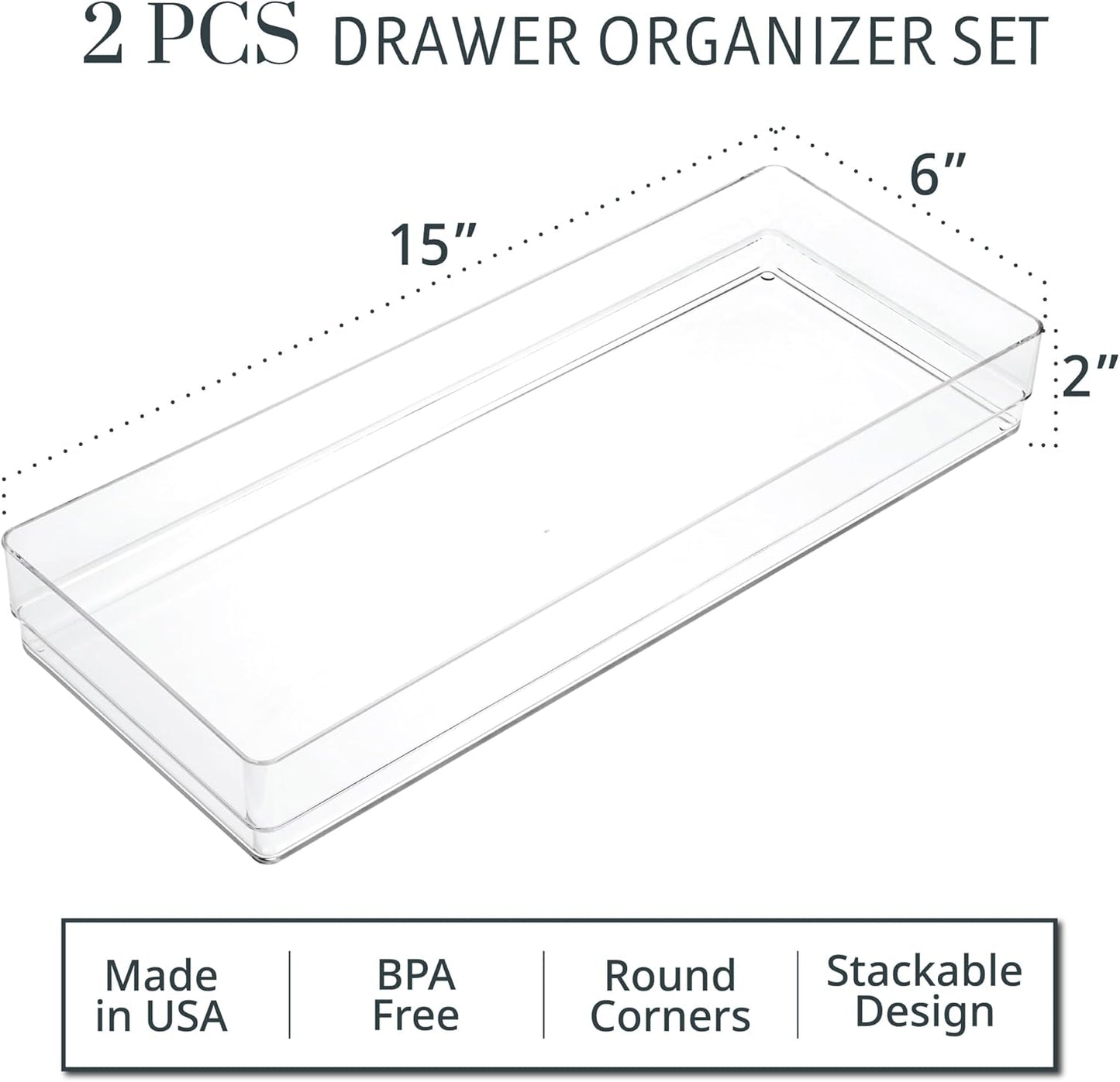 STORi SimpleSort 3-Piece Stackable Clear Drawer Organizer Set | 9" x 6" x 2" Rectangle Trays | Wide Makeup Vanity Storage Bins and Office Desk Drawer Dividers | Made in USA