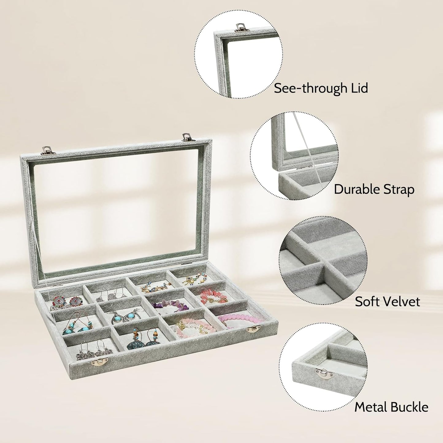 Stratalife Jewelry Organizer Bracelet Organizer Storage Box 12 Grid Stackable Jewelry Tray with Lid Velvet Jewelry Box for Drawer Necklace Bracelet Display Storage Organizer Box (Beige)