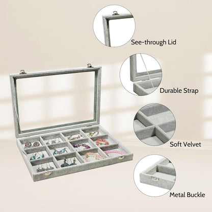 Stratalife Jewelry Organizer Bracelet Organizer Storage Box 12 Grid Stackable Jewelry Tray with Lid Velvet Jewelry Box for Drawer Necklace Bracelet Display Storage Organizer Box (Beige)