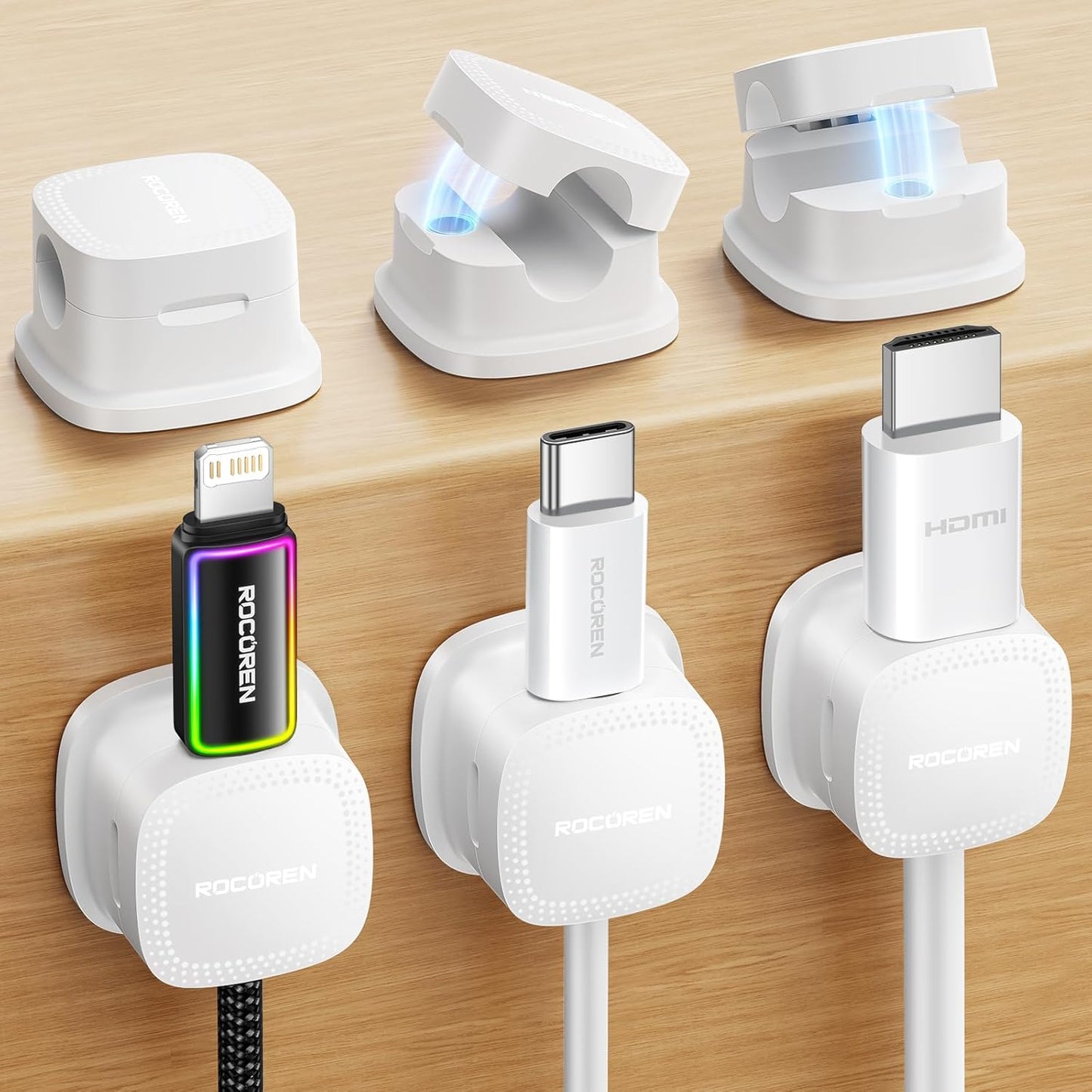 6-Pack Magnetic Cable Clips, Rocoren Smooth Adjustable Adhesive Cord Organizer, Desk Cable Management Wire Holder Keeper Cables Staples for Nightstand Home Office Desk Car Phone Wall Desktop