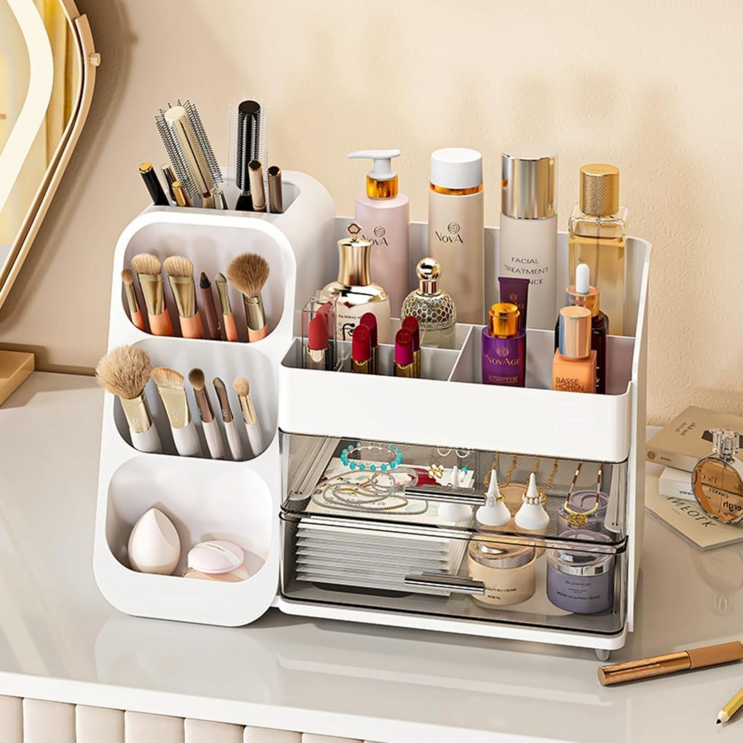 Booklov Makeup Organizer for Vanity, Countertop Cosmetic Display Case with Clear Acrylic Drawers, Bathroom Counter Beauty Caddy, Cute Table Storage Holder for Skincare, Brush Lipsticks, Crystal White