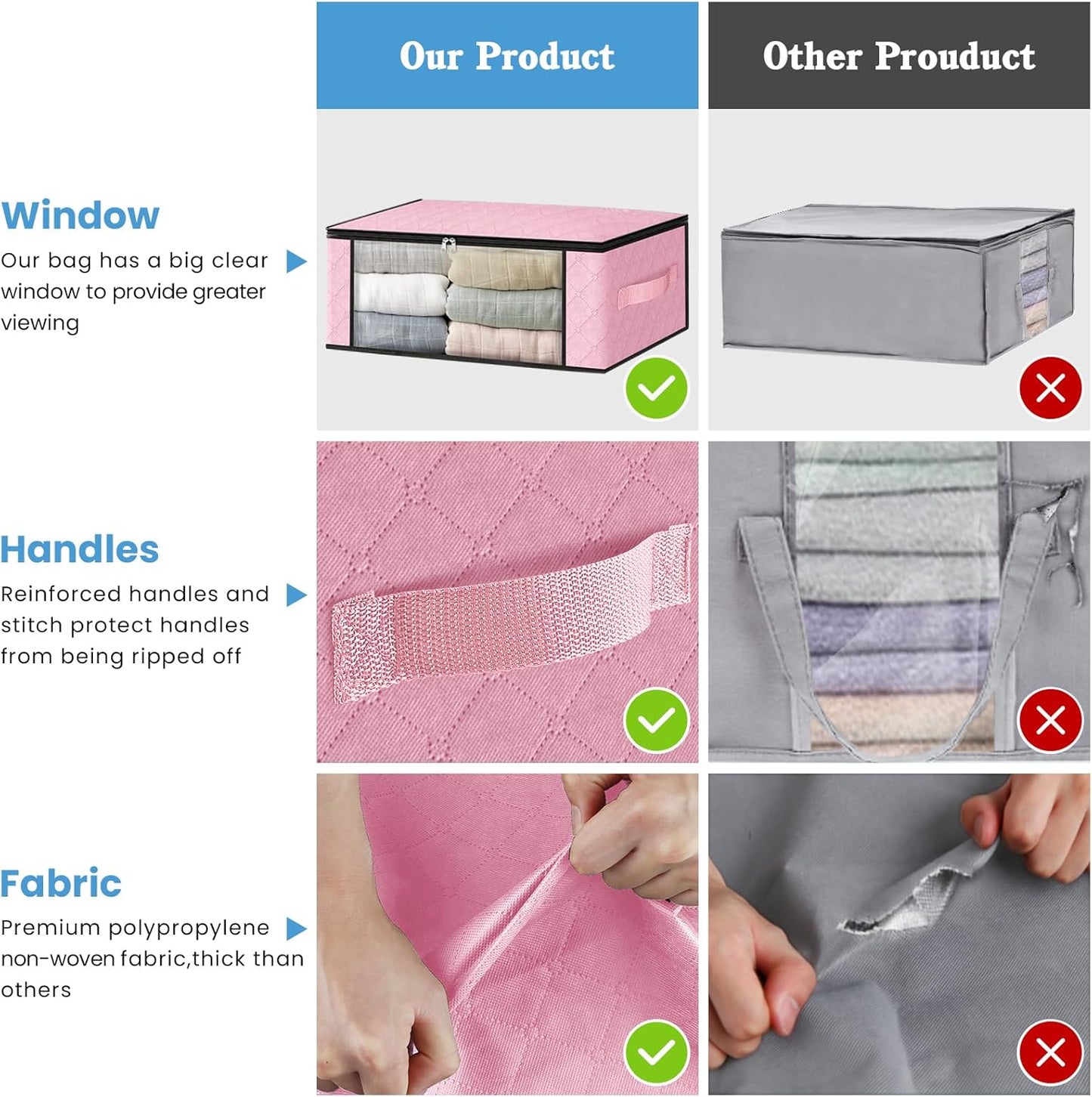 HomeHacks Storage 3-Pack Clothes Organizer Storage Bags Foldable Storage Box with Large Clear Window Sturdy Handles for Closet, Dorm, Pillows, Bedding, Clothes, Blankets, 35L, Gray