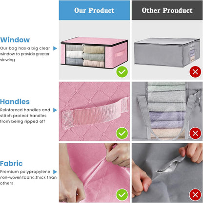 HomeHacks Storage 3-Pack Clothes Organizer Storage Bags Foldable Storage Box with Large Clear Window Sturdy Handles for Closet, Dorm, Pillows, Bedding, Clothes, Blankets, 35L, Gray