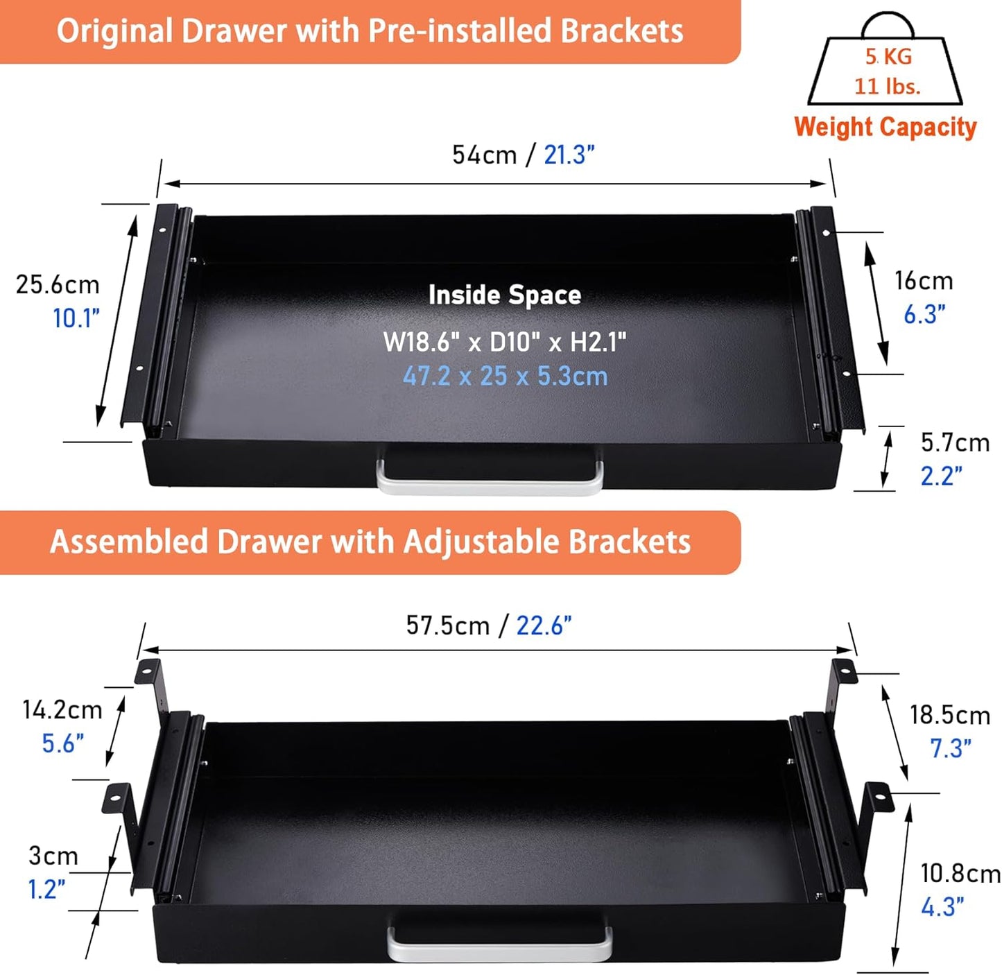 Under Desk Drawer Organizer 21" White Upgrade with Adjustable Brackets, Sliding Pull-Out Under Table Pencil Drawer, Office Standing Desk Attachment for Workbench