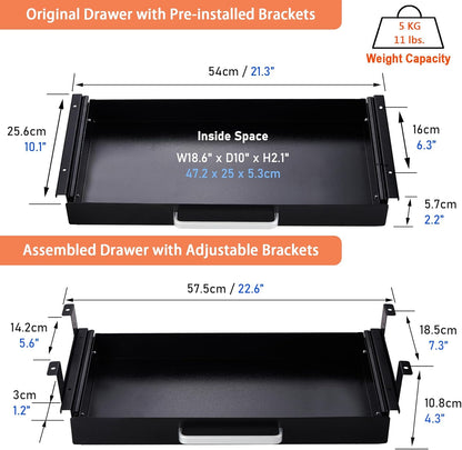 Under Desk Drawer Organizer 21" White Upgrade with Adjustable Brackets, Sliding Pull-Out Under Table Pencil Drawer, Office Standing Desk Attachment for Workbench