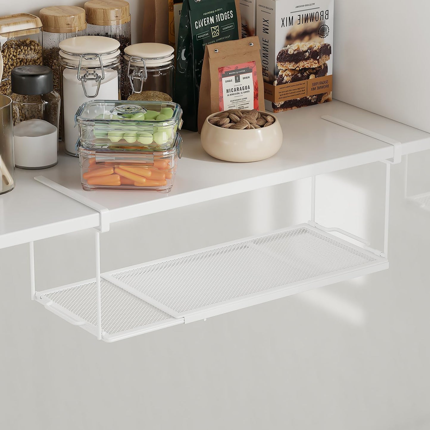 1 Pack Expandable Under Cabinet Shelf, Under Shelf Basket with 0.94 Inches Thick Clips for Kitchen Cupboard, Metal Hanging Under Desk Basket for Laundry Room, Cabinet, Shoe Rack