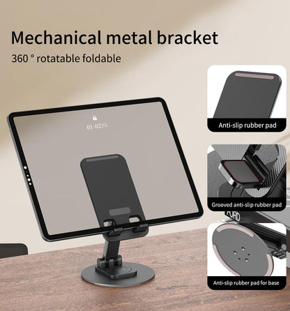 360° Rotating Cell Phone Stand for Desk, Adjustable & Foldable Phone Holder, Aluminum Desktop Phone Stand with Anti-Slip Base, Compatible with iPhone, iPad, Android Phones, K69-Black