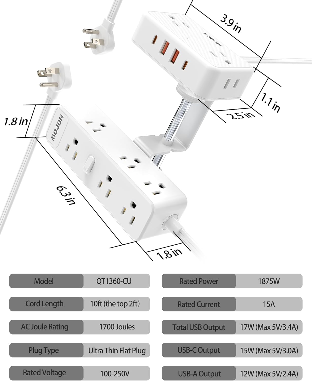 HOPOW Dual Layer Desk Clamp Power Strip, Desktop Edge Mount Charging Station with 13 Outlets 4 USB Ports (2 USB C), Under Desk Surge Protector(1700 Joules), 10 Ft Extension Cord for Office Home