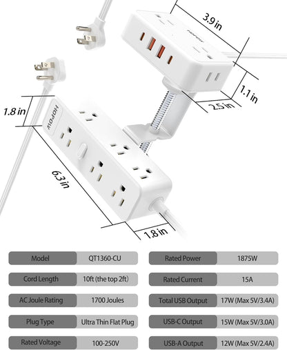 HOPOW Dual Layer Desk Clamp Power Strip, Desktop Edge Mount Charging Station with 13 Outlets 4 USB Ports (2 USB C), Under Desk Surge Protector(1700 Joules), 10 Ft Extension Cord for Office Home