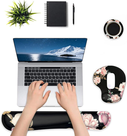 MOSISO Wrist Rest Support for Mouse Pad&Keyboard Set, Curved Peony Ergonomic Mousepad&Coaster Non-Slip Base Home/Office Pain Relief&Easy Typing Cushion with Neoprene Cloth&Raised Memory Foam, Black