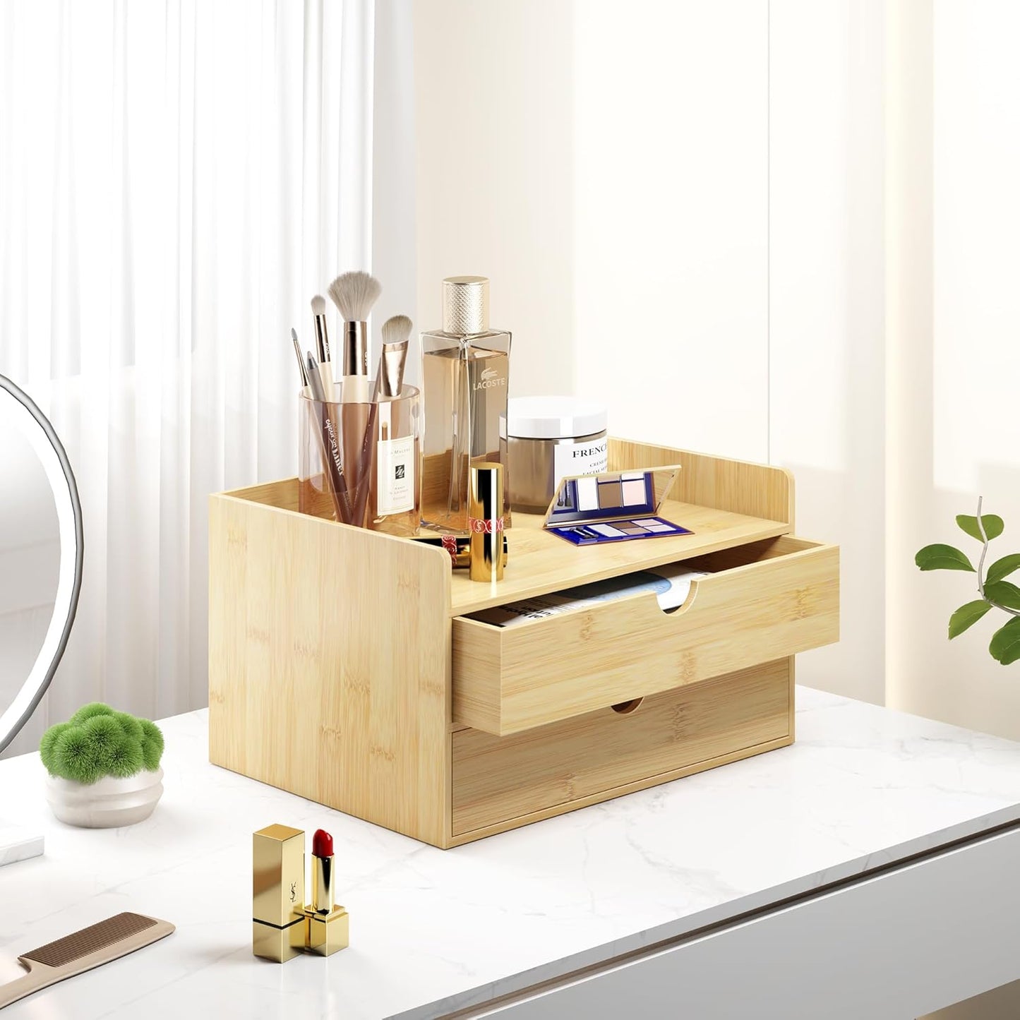 Wisuce Bamboo Desk Organizer - Mini Bamboo Desk Drawer Tabletop Cosmetic Storage Organization for Office or Home Black
