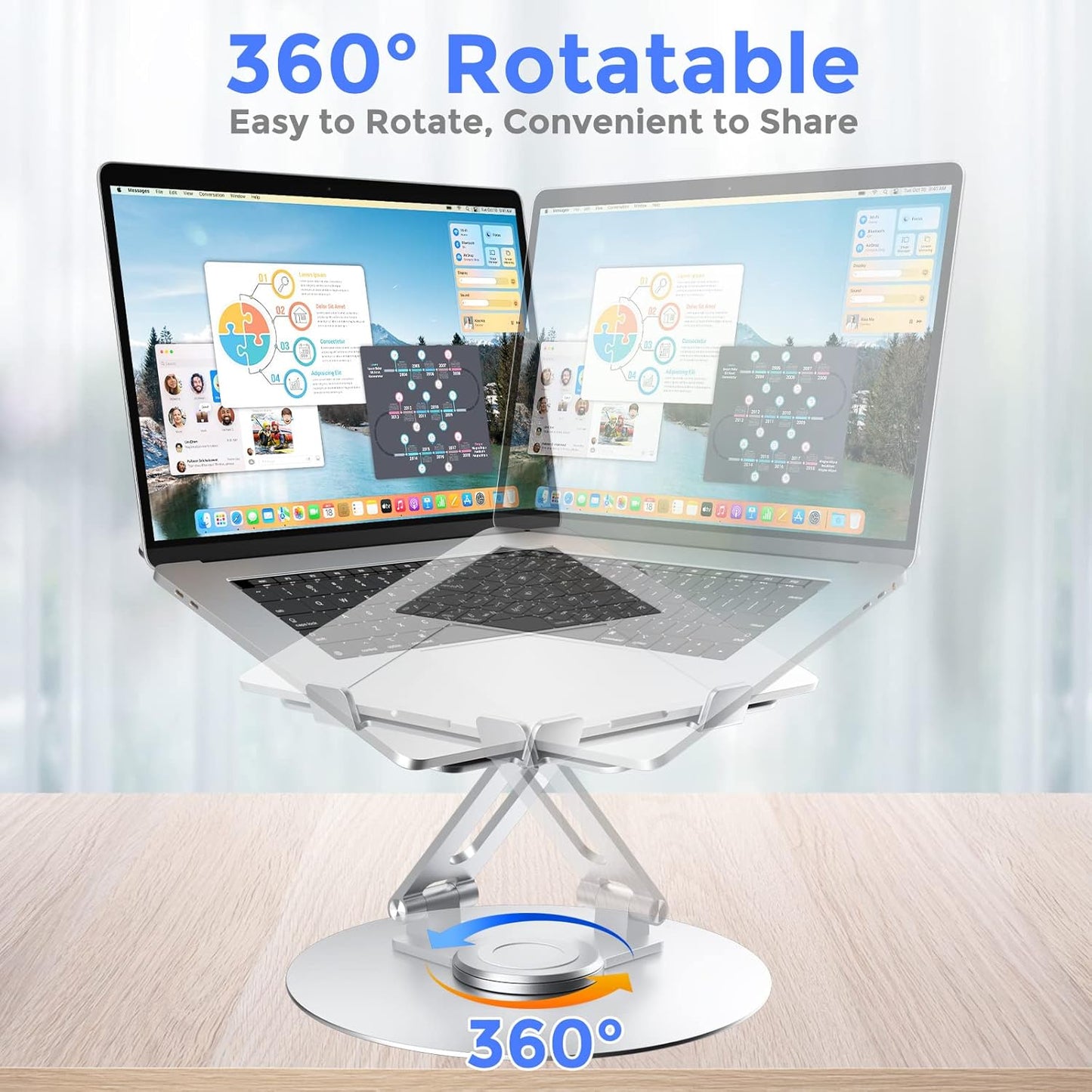 Swivel Laptop Stand for Desk, Adjustable Height Aluminum Computer Stand with 360 Rotating Base, Foldable Ergonomic Riser, Portable Laptop Holder Compatible with MacBook, All Laptops 10-17'', Grey