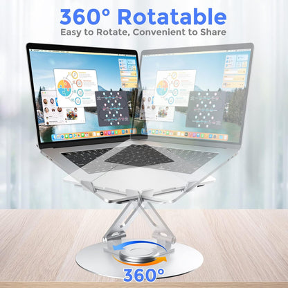 Swivel Laptop Stand for Desk, Adjustable Height Aluminum Computer Stand with 360 Rotating Base, Foldable Ergonomic Riser, Portable Laptop Holder Compatible with MacBook, All Laptops 10-17'', Grey