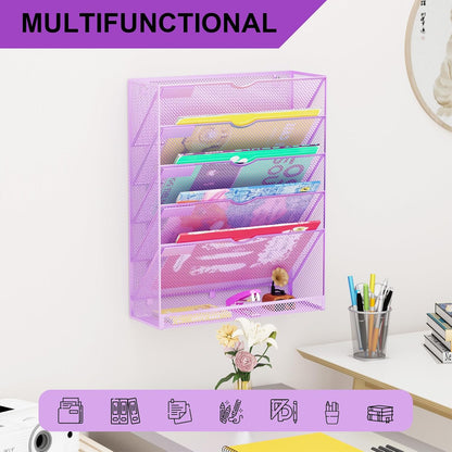 Wall File Organizer Holder Mesh Hanging Paper Document Holder,Vertical 6 Pocket Tier for Office Home, Black