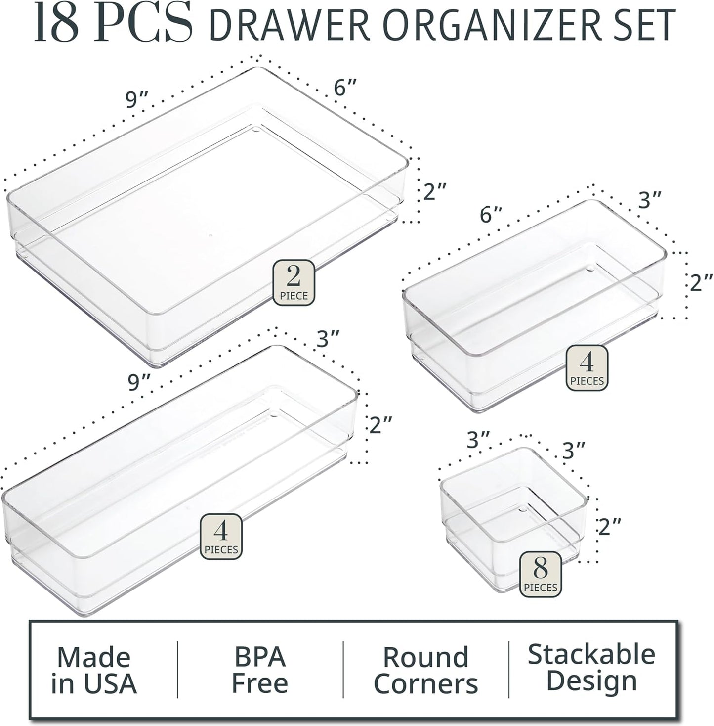 STORi SimpleSort 10-Piece Stackable Clear Drawer Organizer Set | Multi-size Trays | Makeup Vanity Storage Bins and Office Desk Drawer Dividers | Made in USA