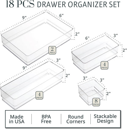 STORi SimpleSort 10-Piece Stackable Clear Drawer Organizer Set | Multi-size Trays | Makeup Vanity Storage Bins and Office Desk Drawer Dividers | Made in USA