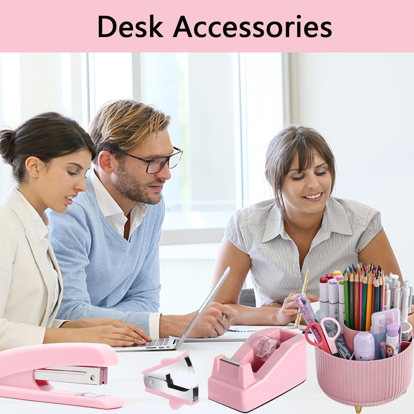 suniya Office Supplies,Gold Desk Accessories,with Stapler,Tape Dispenser,Pen Holder,Scissors,Phone Stand,Staple Remover,Ballpoint Pen,Clear Tape, Staples,Ruler,Clips,Best Gift for Business or Boss