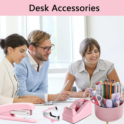 suniya Office Supplies,Gold Desk Accessories,with Stapler,Tape Dispenser,Pen Holder,Scissors,Phone Stand,Staple Remover,Ballpoint Pen,Clear Tape, Staples,Ruler,Clips,Best Gift for Business or Boss