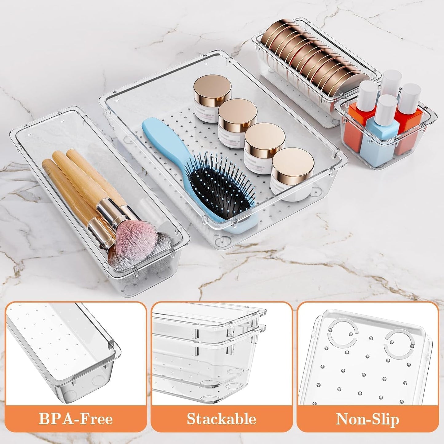 SpaceHacks 25 PCS Plastic Drawer Organizer Set, 4-Size Versatile Organizer Tool Trays & storage Bins for Makeup, Jewelry, and Gadgets in Bathroom, Bedroom and Office,Clear Black