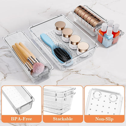 SpaceHacks 25 PCS Plastic Drawer Organizer Set, 4-Size Versatile Organizer Tool Trays & storage Bins for Makeup, Jewelry, and Gadgets in Bathroom, Bedroom and Office,Clear Black