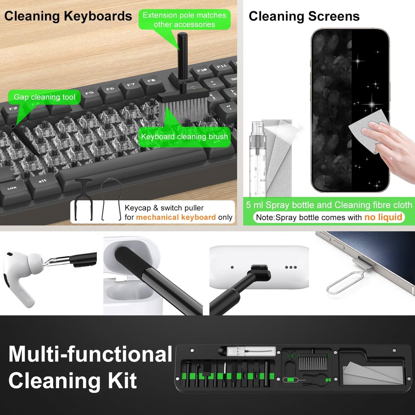 VICHYIE Keyboard Wrist Rest with Cleaner Kit, Wrist Pad for Tenkeyless Keyboard, Typing Pain Relief, Multi-Functional Cleaning Kit for Earbuds, Phones, Desk Accessories for Home & Office (Black)