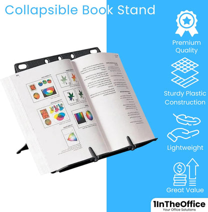 1InTheOffice Book Stand, Collapsible Stand, Booklift, Foldable Lightweight Book Rest, Cookbook, Recipe, Tablet, Music Book, Documents (Black)