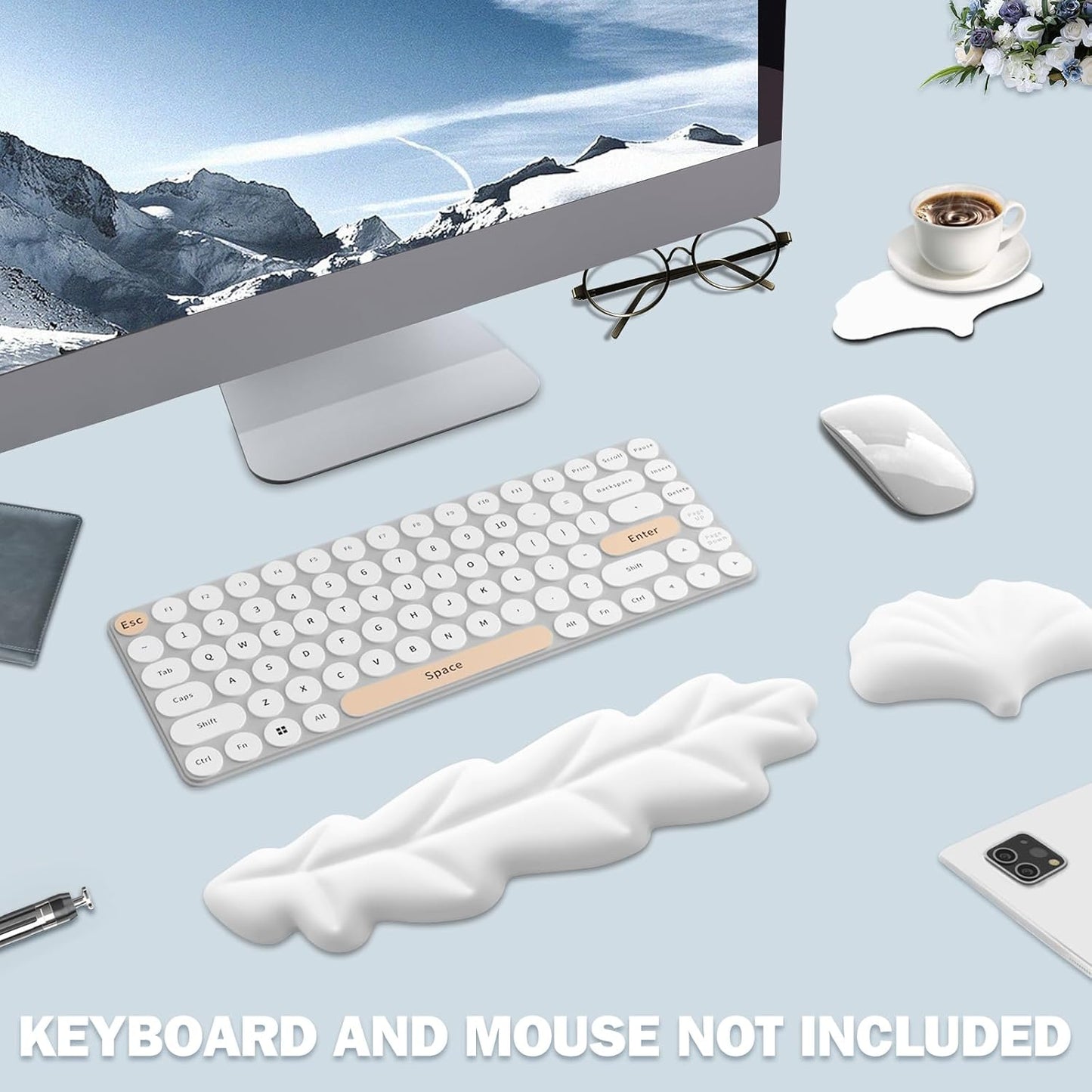 Keyboard Wrist Rest Pad Set, Leaf Shape PU Leather Memory Foam Wrist Cushion Support,Mouse Wrist Rest Pad,Non-Slip Wrist Support for Easy Typing Pain Relief, Green Leaf