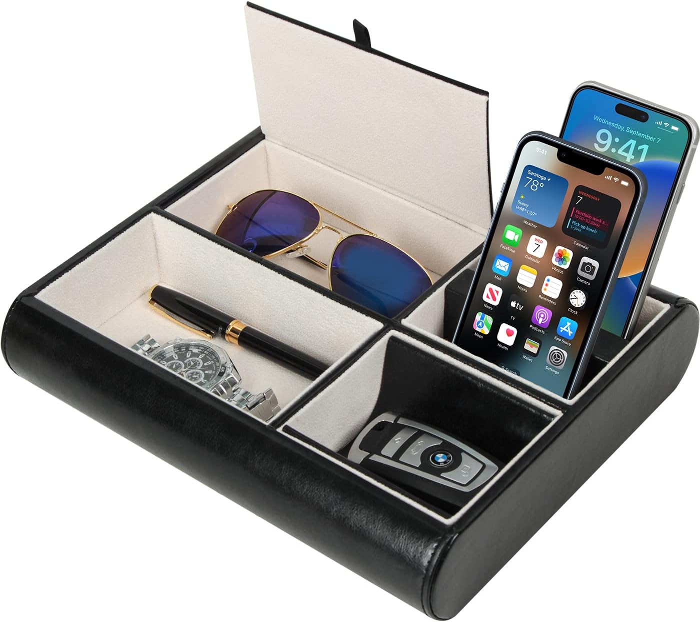 Valet Tray,Nightstand Desk or Dresser Organizer, Catch-All for Keys, Phone, Wallet, Coin, Jewelry, and More (Black / 10.34 x 2.15 x 8.19 inches) JackCubeDesign - :MK158