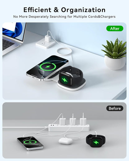 Charging Station for Apple Multiple Devices：2 in 1 Foldable Wireless Charger for Magnetic Wireless Charger Station Travel Charging Pad for Apple iPhone 17 16 15 14 13 12 Series& Apple Watch& Airpods