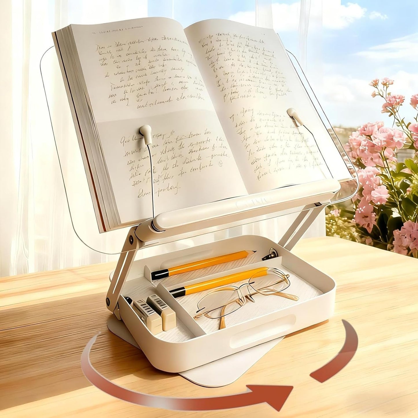 Premium Acrylic Book Stand for Reading & Cookbooks, 360° Rotating Adjustable Book Holder, Foldable Desktop Riser for Thick Textbooks, Sheet Music & Laptops, with Page Clips (Clear)