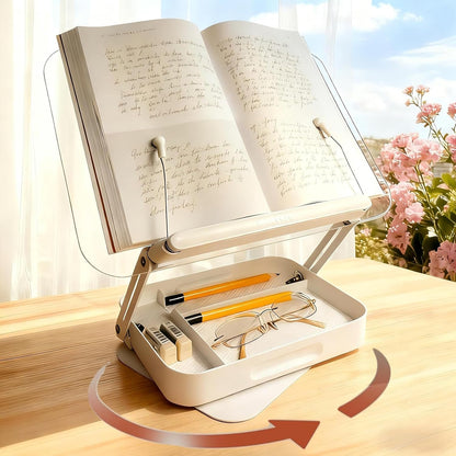 Premium Acrylic Book Stand for Reading & Cookbooks, 360° Rotating Adjustable Book Holder, Foldable Desktop Riser for Thick Textbooks, Sheet Music & Laptops, with Page Clips (Clear)