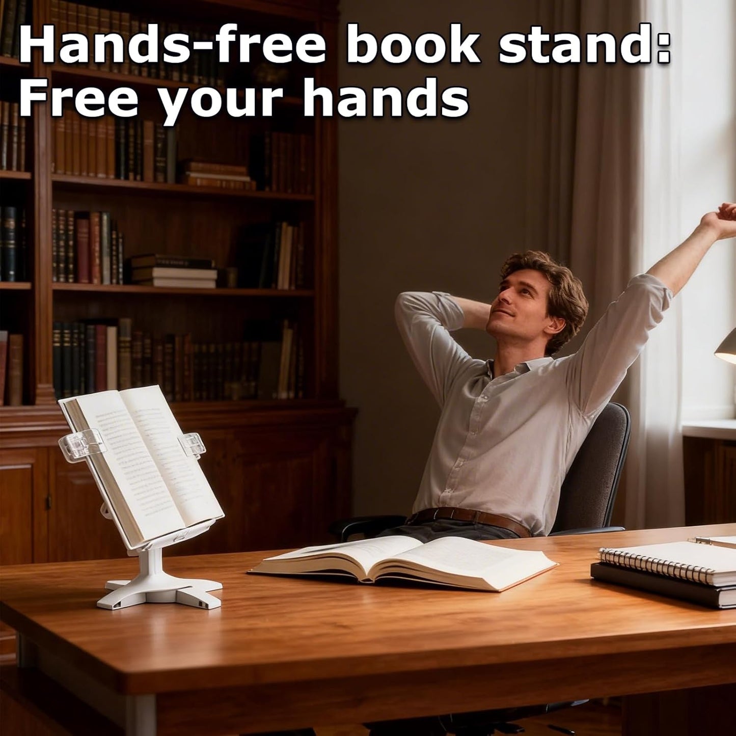 Adjustable Book Stand for Reading,160° Rotating Hands Free Book Stand,Adjustable Height and Angle Recipe Book Holder, with Extendable Page Clips, for Tablet,Laptop,Magazine,Recipe