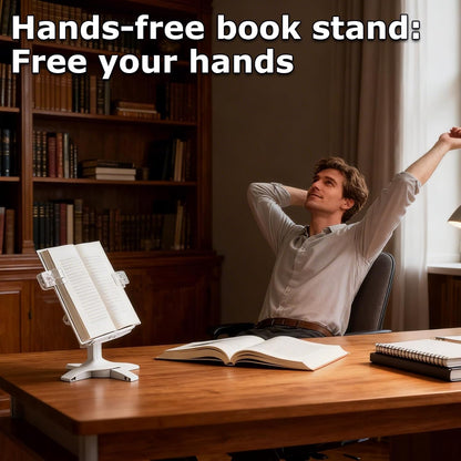 Adjustable Book Stand for Reading,160° Rotating Hands Free Book Stand,Adjustable Height and Angle Recipe Book Holder, with Extendable Page Clips, for Tablet,Laptop,Magazine,Recipe