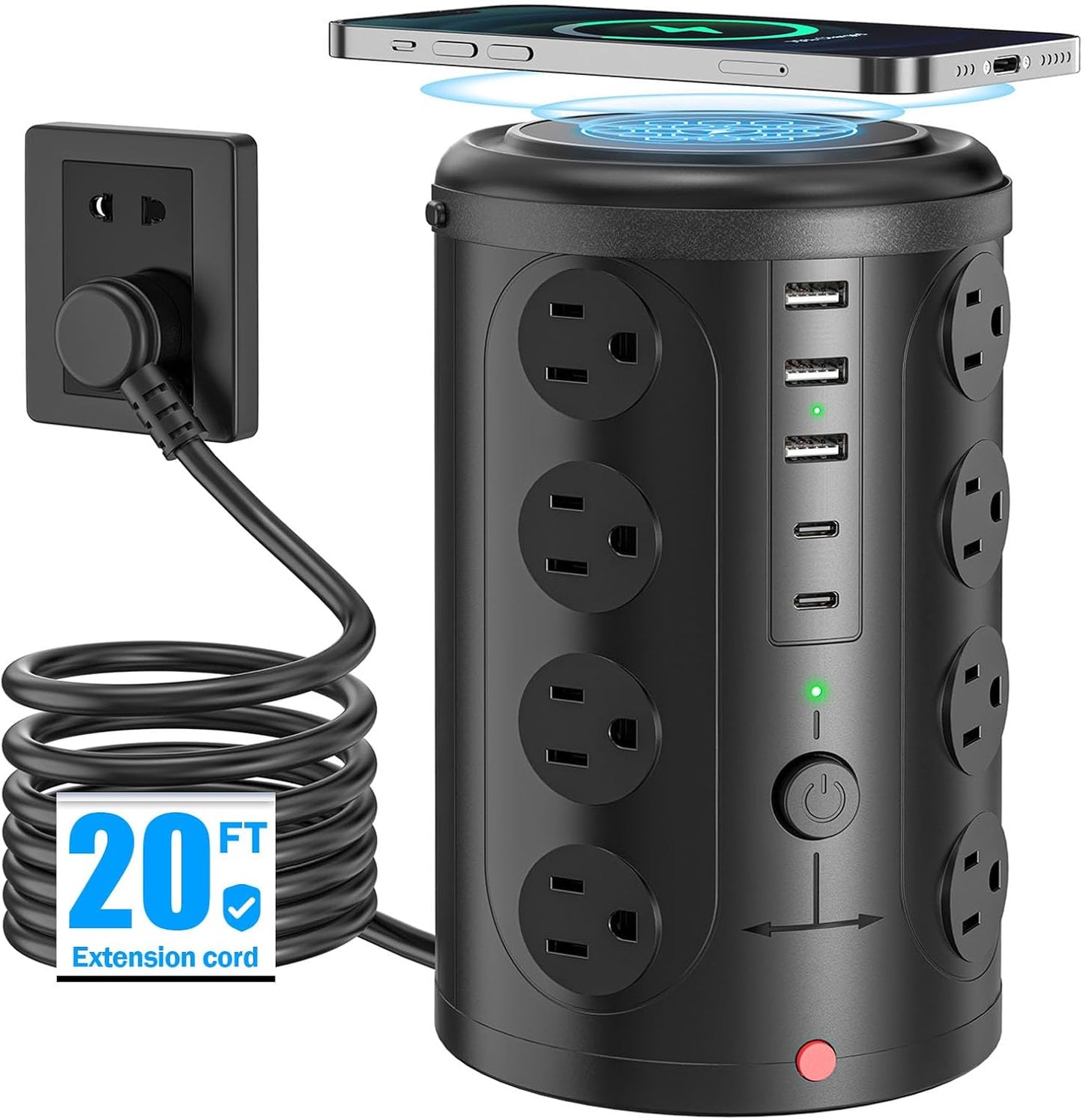 Surge Protector Power Strip - Desk Charging Station with 15W Wireless Charger, Multiple Outlets Charging Station with 16 2300J AC Outlets & 5 USB (2 USB C) Port, for Home, Office, Dorm Room