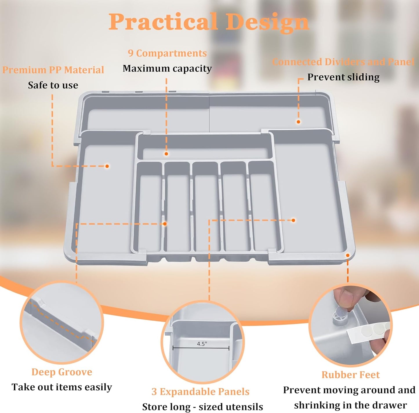 Spaclear Silverware Organizer Expandable Kitchen Utensil Drawer Organizer Large BPA Free Adjustable Cutlery Silverware Tray for Spoons Forks Knives Storage Divider for Kitchen Flatware 6-9 Slots Black