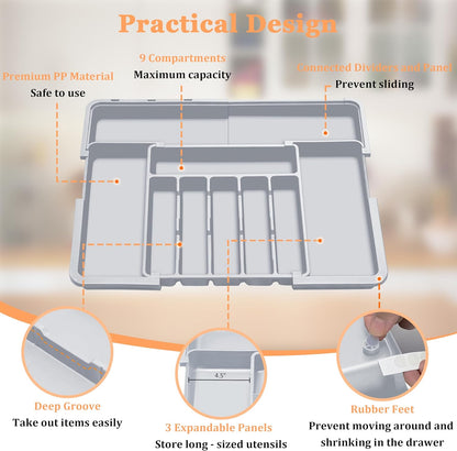 Spaclear Silverware Organizer Expandable Kitchen Utensil Drawer Organizer Large BPA Free Adjustable Cutlery Silverware Tray for Spoons Forks Knives Storage Divider for Kitchen Flatware 6-9 Slots Black