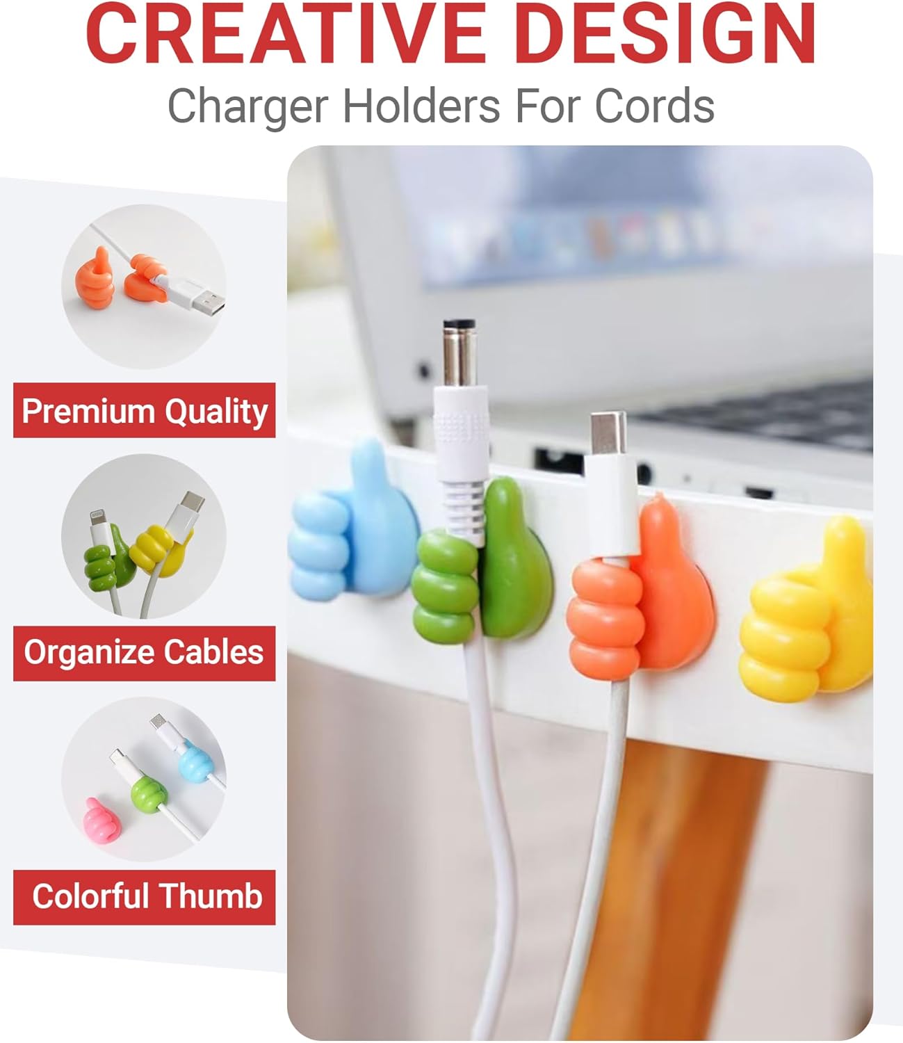 36 Pack Creative Silicone Thumb Wall Hook - Multifunction Adhesive Cable Clip - Self Adhesive Hooks for Cable Organization - Self Adhesive Thumb Cable Organizer Clips Key Hanger, 9 Colors
