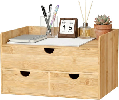 Desk Organizer with Drawers - Bamboo Desktop Organizer Storage | Wood Desk Drawers Organizer for Bills, Office Supplies, Cosmetics, Seals No Assembly Required (3 Drawer with Big Drawer)