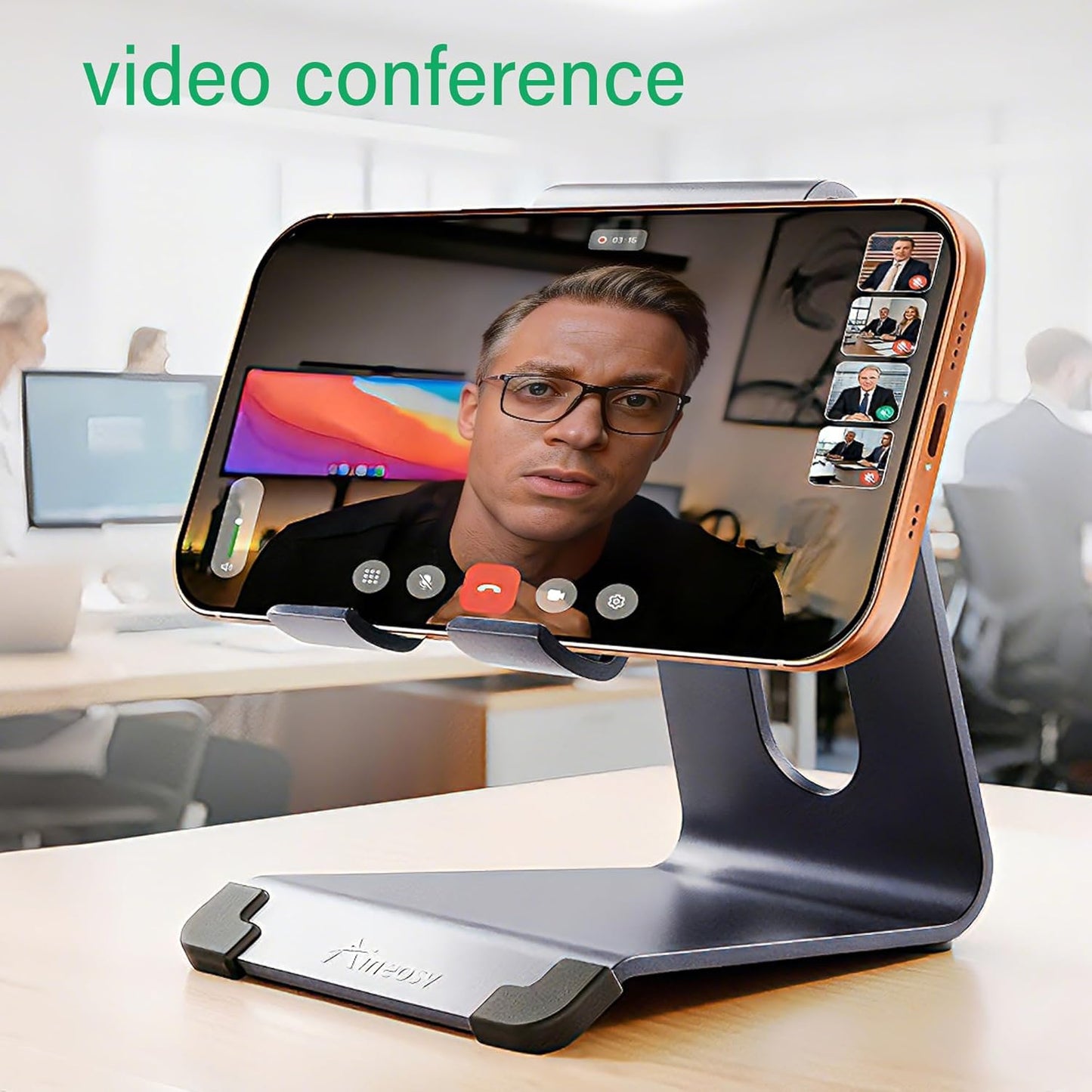 Phone Stand for Desk, Thickened Aluminum Cell Phone Stand & Phone Holder for Desk, Compatible with Tablets, iPhone, iPad, Samsung - Black