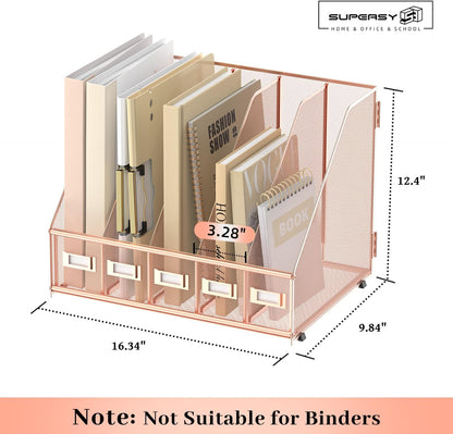 SUPEASY Desk Organizers Metal Desk Magazine File Holder with 5 Vertical Compartments Rack File Organizer for Office Desktop, Classroom, Home Workspace, Black