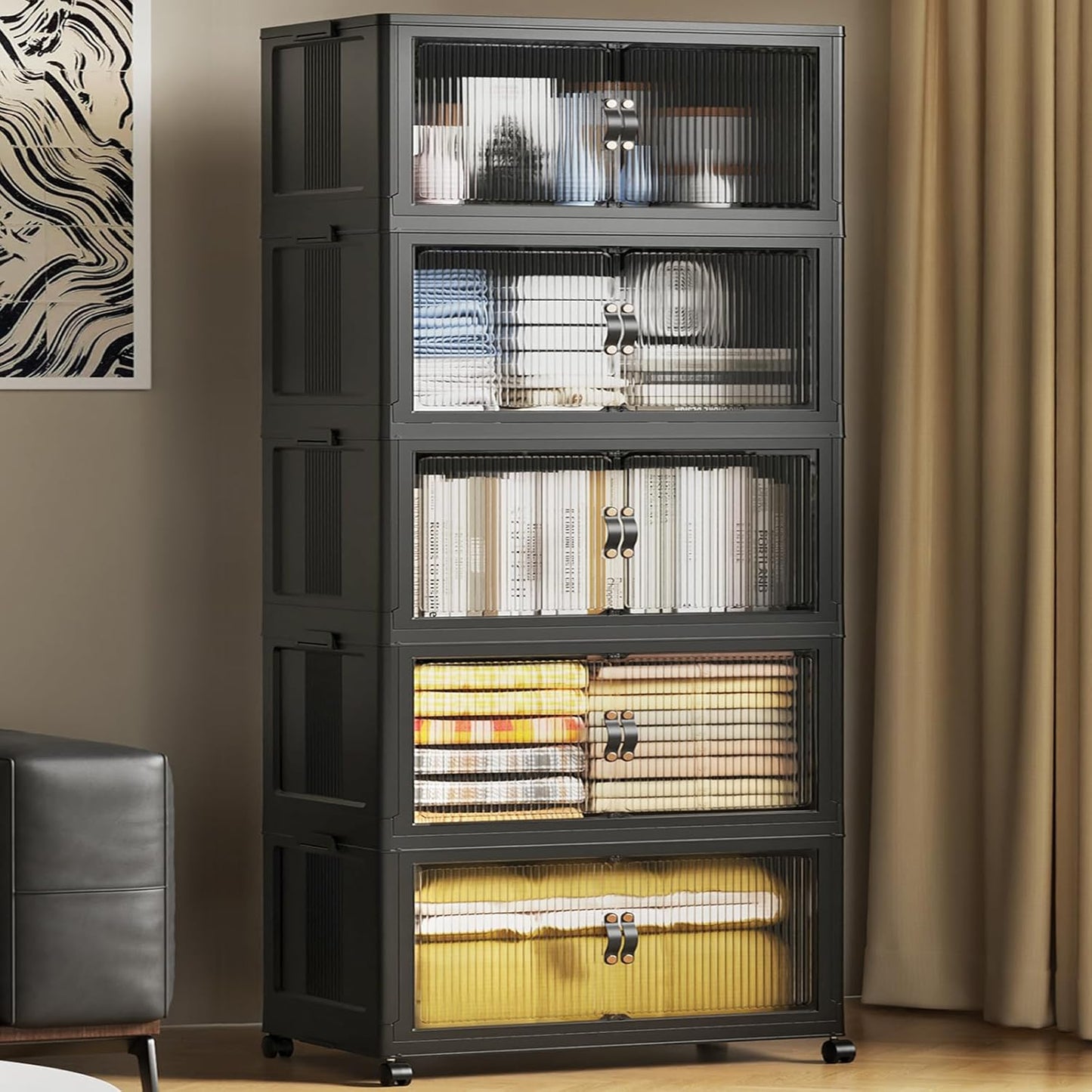 SAILUN 145Gal/580Qt Collapsible & Stackable Storage Bins with Door & a Lid,Perfect for Blanket Storage, Pillow Organizer, Bedroom Closet & Living Room, Black 26" W x 17" D x 71" H