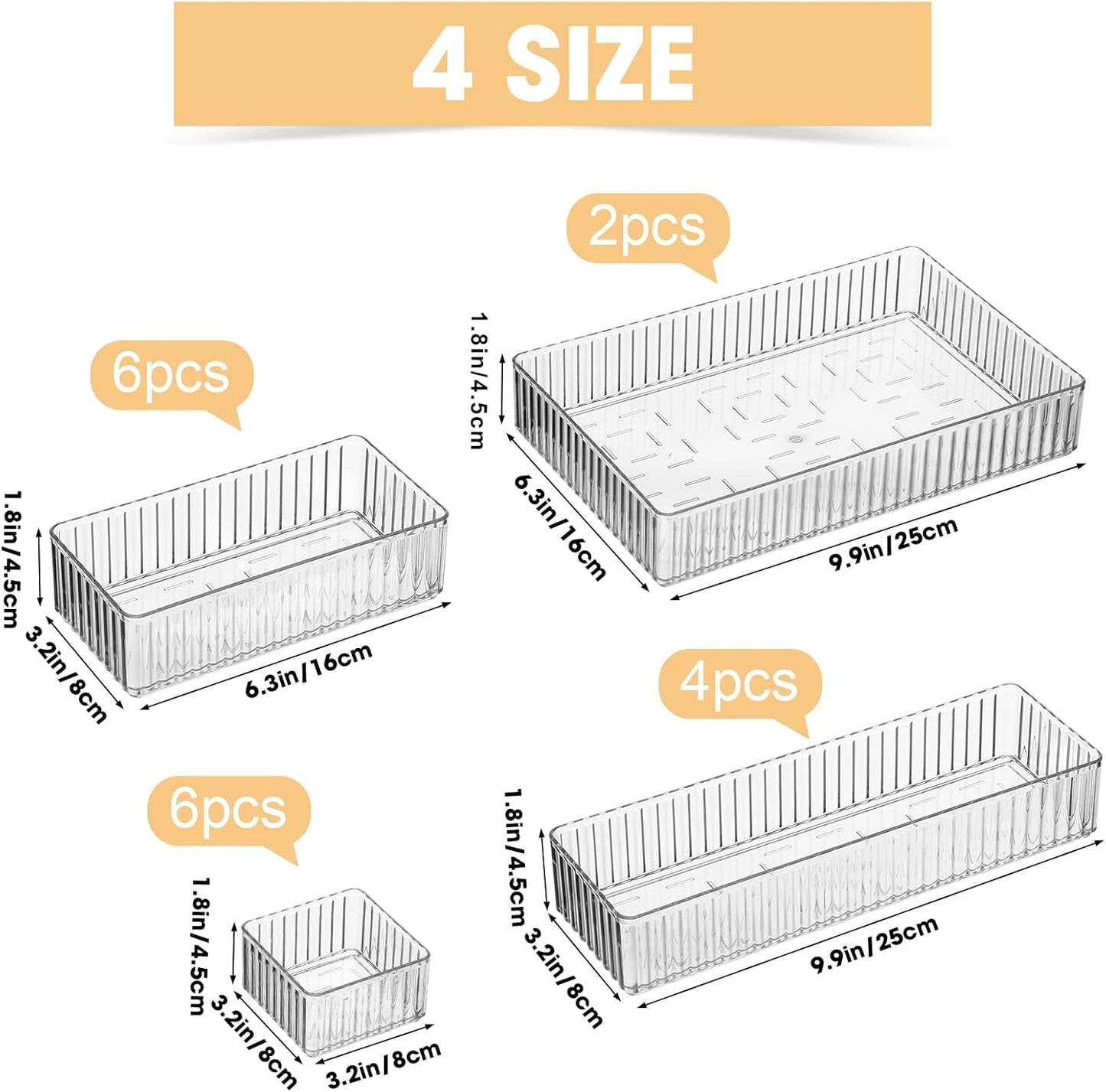 Teenyyou 18 Pcs Drawer Organizer Stackable 4 Size Makeup Drawer Organizer Trays Acrylic Bathroom Vanity Storage Bins for Cosmetic, Jewelries, Office Supply, Kitchen Utensils(Clear,Stripes)