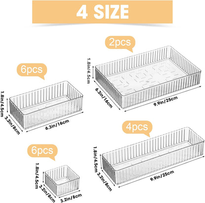 Teenyyou 18 Pcs Drawer Organizer Stackable 4 Size Makeup Drawer Organizer Trays Acrylic Bathroom Vanity Storage Bins for Cosmetic, Jewelries, Office Supply, Kitchen Utensils(Clear,Stripes)