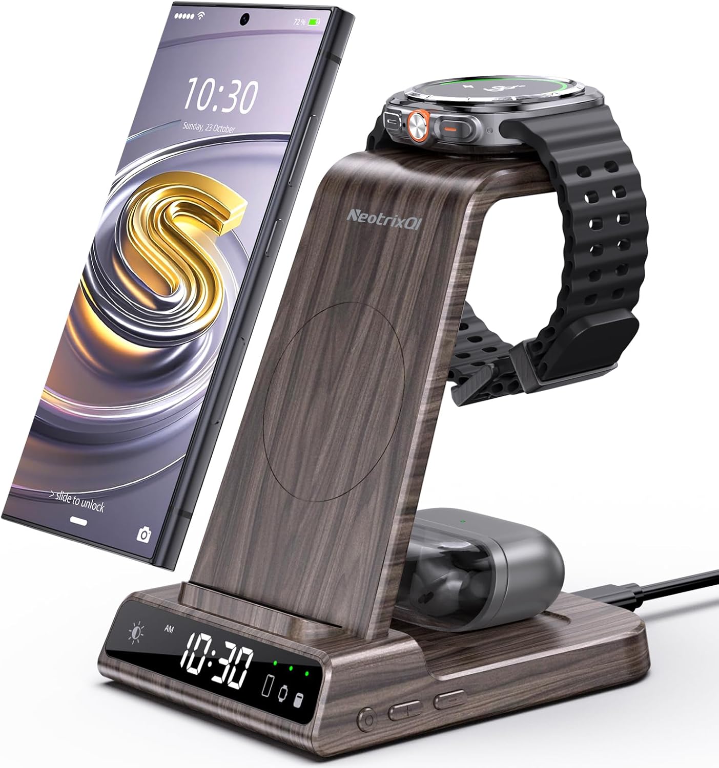Wireless Charger for Samsung Charging Station: 3 in 1 Android Charging Stand with Dimmable Clock - Nightstand Organizer for Galaxy S25 Ultra, Galaxy Watch 8 7 6 5 4, Galaxy Buds, Space-Saving Charger