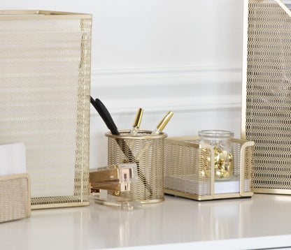 BLU MONACO | Gold Metal Mesh Pen Holder for Desk | Cute Pen Holder for Desk for Women | Wire Mesh Desk Organizer Pencil Cup for Office Workspace