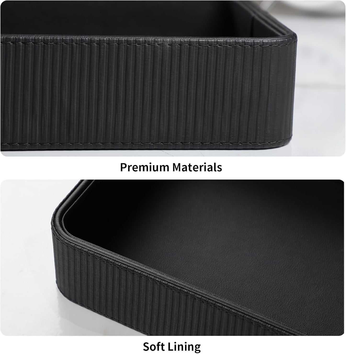 PU Leather Valet Tray Organizer, Modern Nightstand Organizer Bedside Desktop Storage for Womens and Men, Decorative Perfume Trinket Catchall Vanity Tray for Key Watch Wallet (Black)