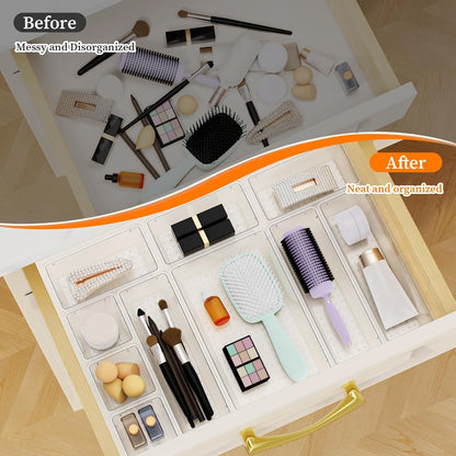 StorMiracle 32 PCS Clear Plastic Drawer Organizer Set, 4-Size vanity organizer Trays and Storage Bins for Makeup, Jewelry and Gadgets in Bedroom, Bathroom and Office, Clear
