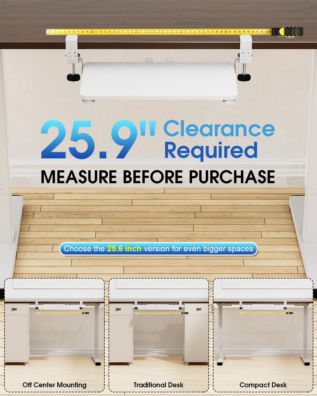 Large Keyboard Tray Under Desk, Pull Out Keyboard & Mouse Tray with Adjustable C-clamp, 25.6(31.5 Including Clamps) x 11.8 Inch Slide Out Computer Keyboard Drawer Mouse Tray for Typing, Brown