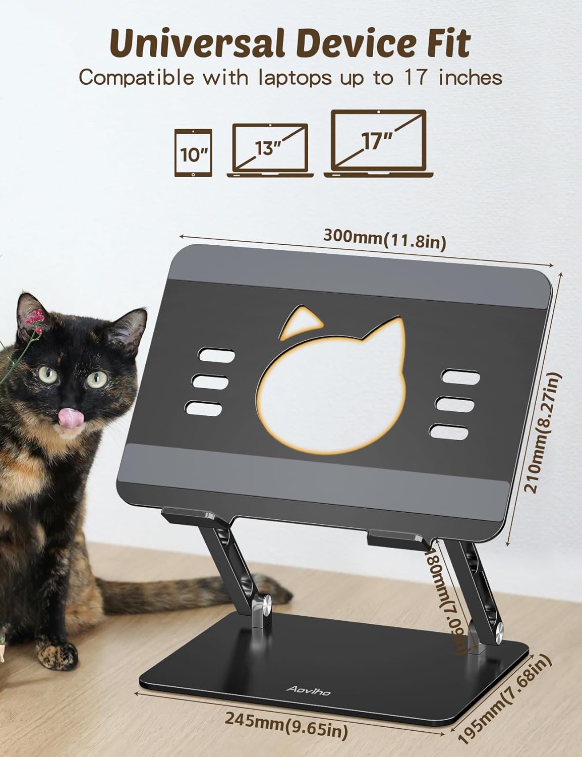 Aoviho Laptop Stand for Desk – Adjustable Aluminum Laptop Riser with Unique Cat-Shaped Cooling Vent, Portable Desk Gift & Decor, Compatible with MacBook Air Pro, Dell, HP, Lenovo (10"-17.3"), Black